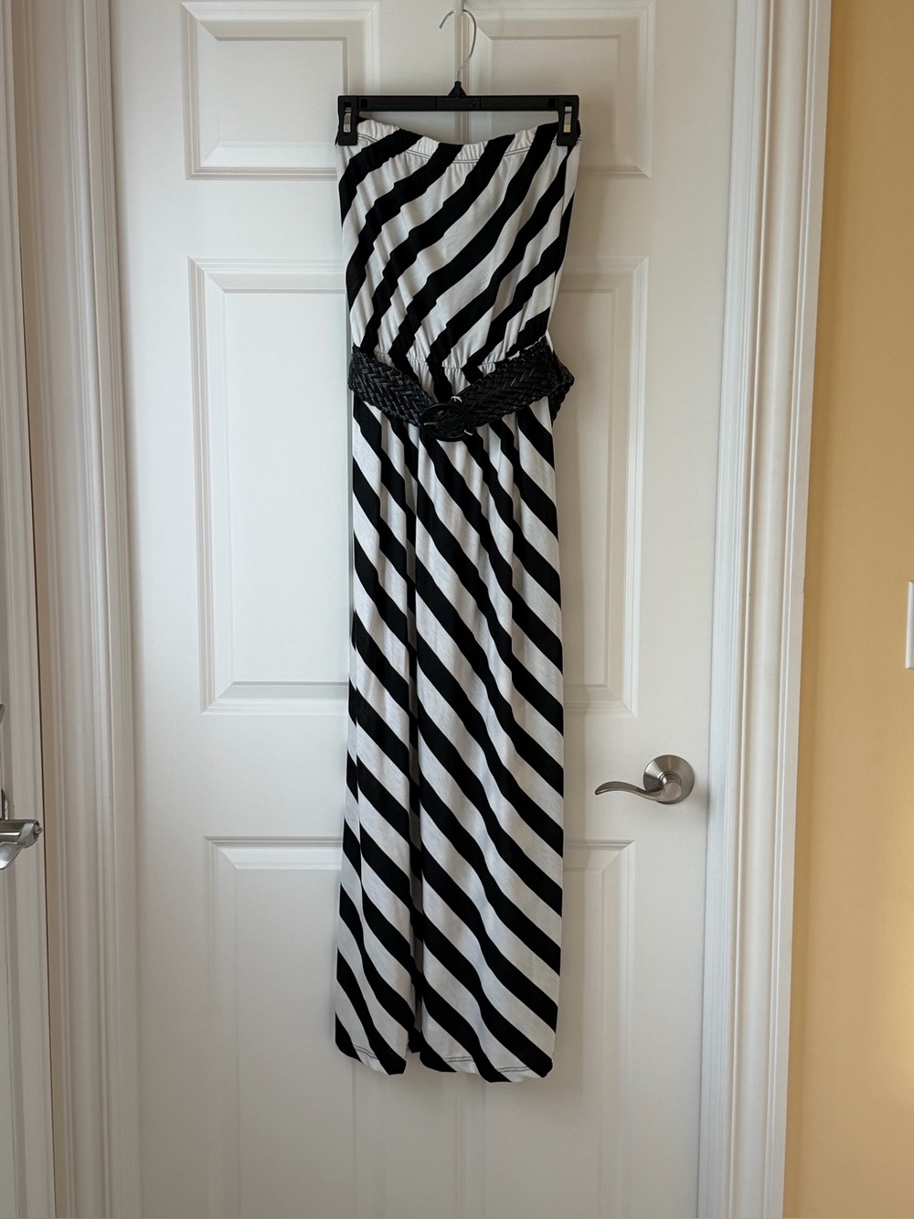 Black and White Strapless Maxi Dress With Belt Resort Wear Boho